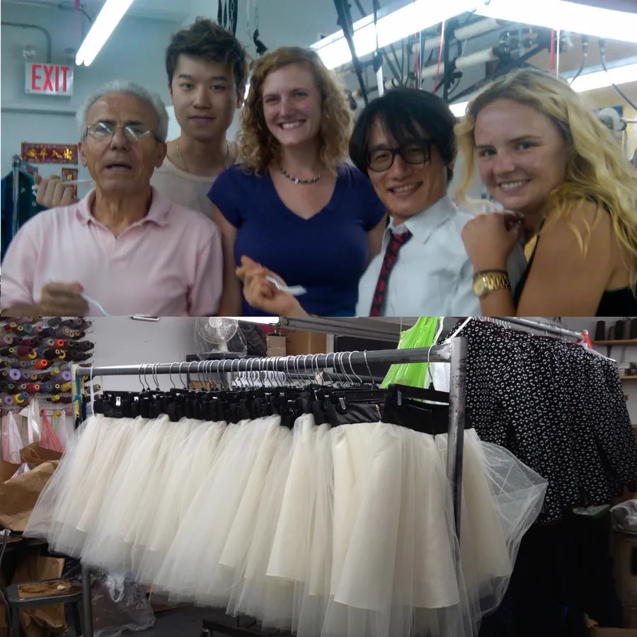 Monika with colleagues in the garment showroom