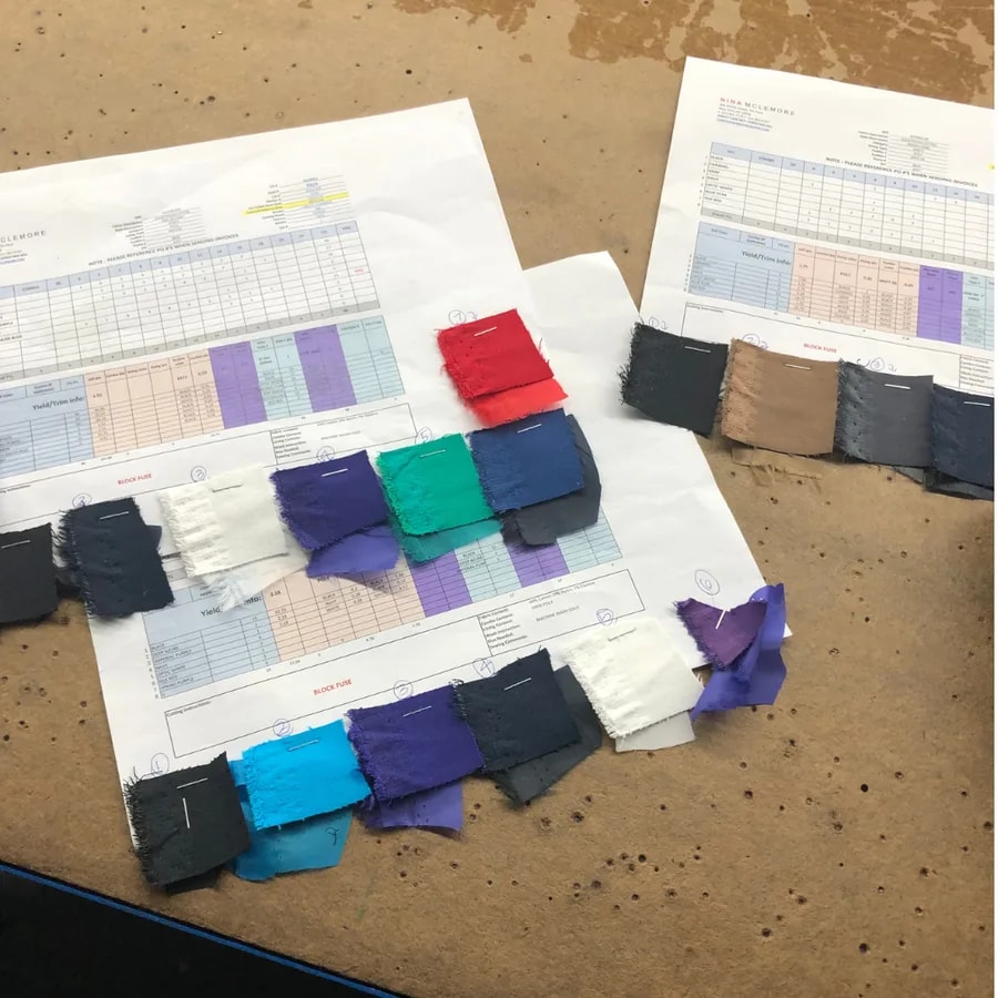 Color and fabric selections arranged on production specification sheets