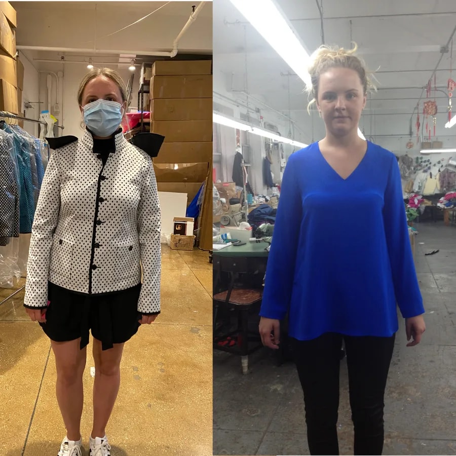 Monika modeling a finished jacket sample in the workroom