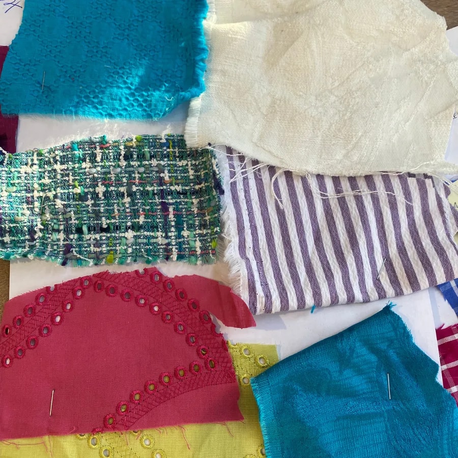 Fabric and trim swatches used in garment production